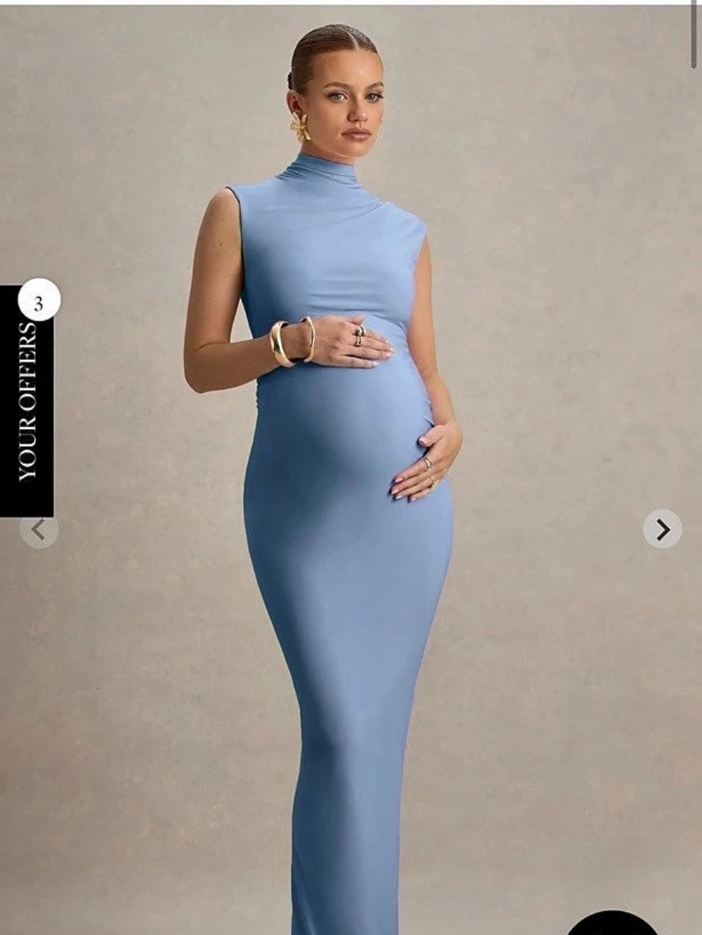 Club L London Kienna Powder Blue Ruched High-Neck Maternity Maxi Dress Size 10